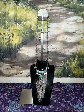 Boho Silver-Tone Turquoise Color Stone Fringe Pendant Necklace